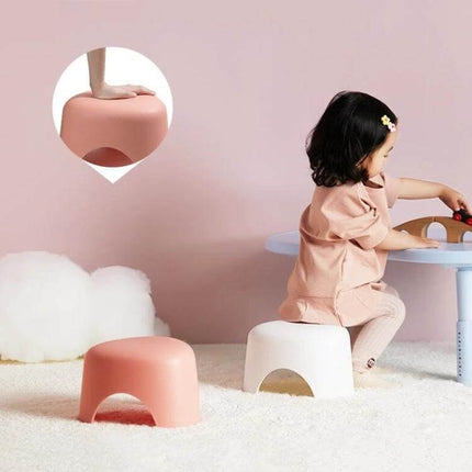 Children Stool Small Size For Everyday Home Use Simple Design - compact pink and white PP stool with rounded edges used by toddler at table
