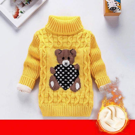 Children Velvet Trim Knit Sweater Casual Winter Warmth yellow knit sweater with teddy motif and velvet trim for older kids
