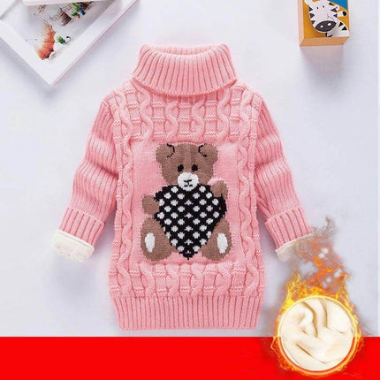 Children Velvet Trim Knit Sweater Casual Winter Warmth pink cable knit sweater with teddy bear and velvet trim for older kids