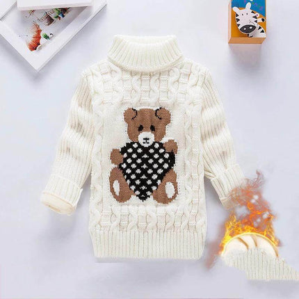 Children Velvet Trim Knit Sweater Casual Winter Warmth - white thick knit turtleneck sweater for older kids with teddy bear and velvet trim detail