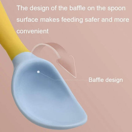 Children Training Tableware Bendable Silicone Soft Spoon for Self Feeding - closeup of blue spoon bowl with baffle design for safer feeding
