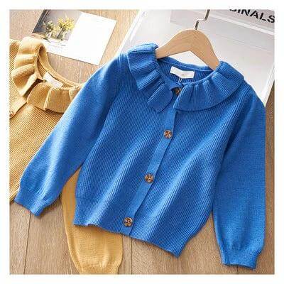 Children's Cozy Sweater Coat For Everyday Wear And Easy Layering Blue buttoned cotton knit sweater for kids with ruffle collar