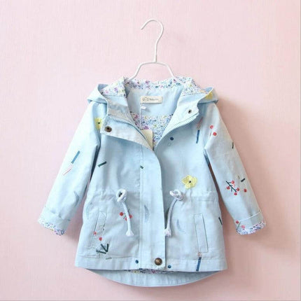 Children's Embroidered Windbreaker Jacket For Girls Ages 3 To 8 Blue - Light Blue Hooded Spring Jacket For School And Play
