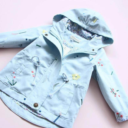 Children's Embroidered Windbreaker Jacket For Girls Ages 3 To 8 Blue lightweight hooded blue jacket with floral embroidery for school and play