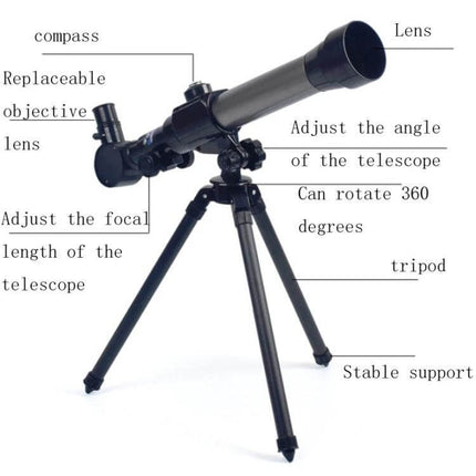 Children's Single-Tube Astronomical Telescope For Beginner Stargazing on a tripod showing lens, replaceable objective lens and adjustable focal length