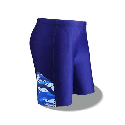 Alt Tag: Children's Swimming Trunks Summer Professional Teenagers Quick-drying navy blue quick-dry boys swim trunks with side camo panel, elastic waist