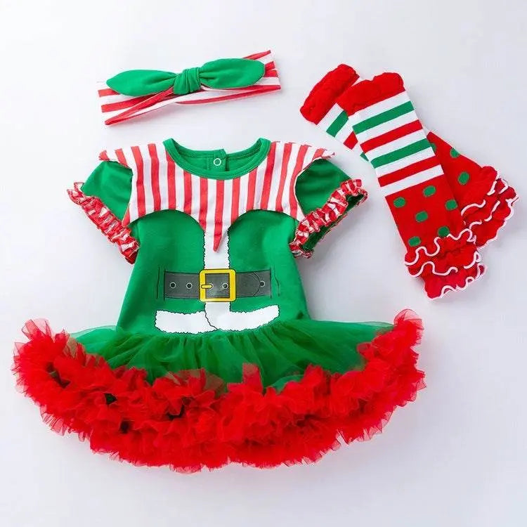 Christmas Baby Short-Sleeved Three-Piece Romper Tutu Skirt Set