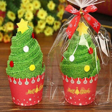 Christmas Cake Towel 30x30cm Soft Festive Hand Towel For Home showing green cupcake-style Christmas tree hand towels in red Merry Christmas cups