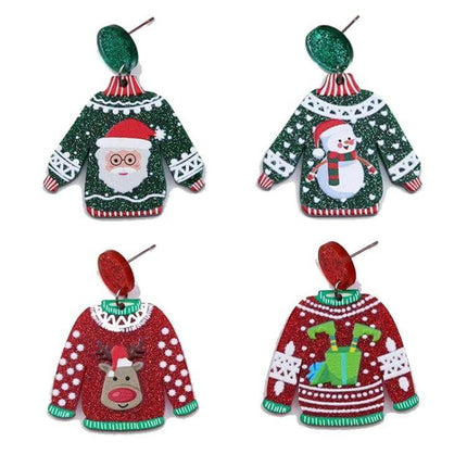 Christmas Elk Snowman Earrings Green For Holiday Wear - green festive acrylic sweater earrings with Santa and snowman designs