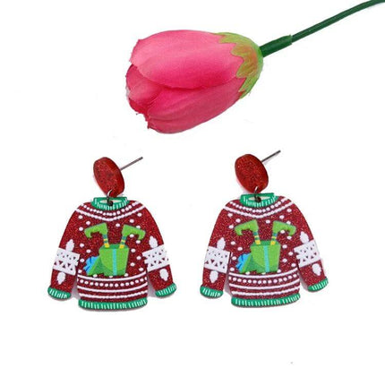 Christmas Elk Snowman Earrings Green For Holiday Wear lightweight green acrylic festive sweater earrings for Christmas parties and gifting