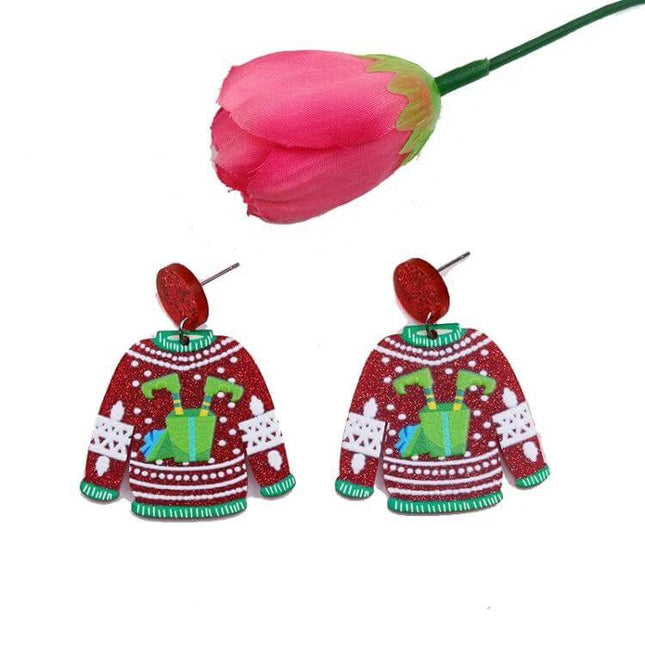 Christmas Elk Snowman Earrings Green For Holiday Wear lightweight green acrylic festive sweater earrings for Christmas parties and gifting