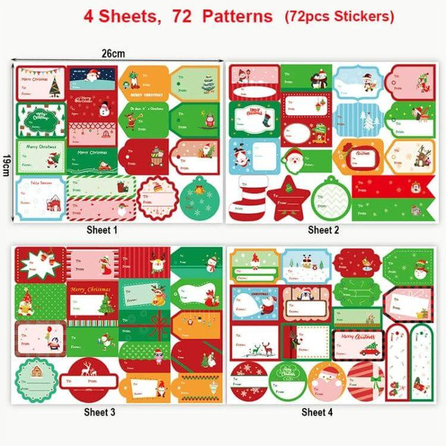 Christmas Gift Bag Stickers Set 72 Pieces For Sealing Packages - 72 festive self-adhesive labels in assorted shapes for holiday gift sealing and decorating