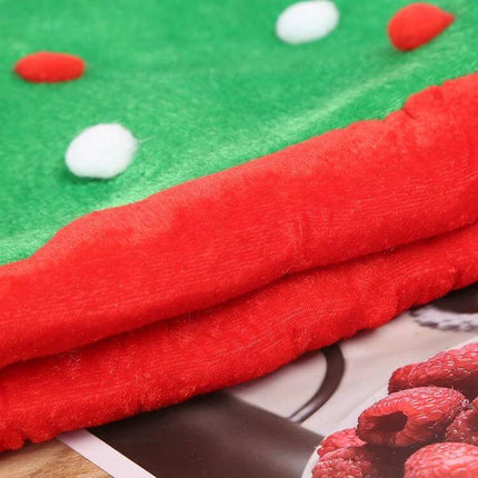 Christmas Tree Hat With Star Top For Festive Party Decor red and green brushed cloth close-up showing white pom-poms and plush texture