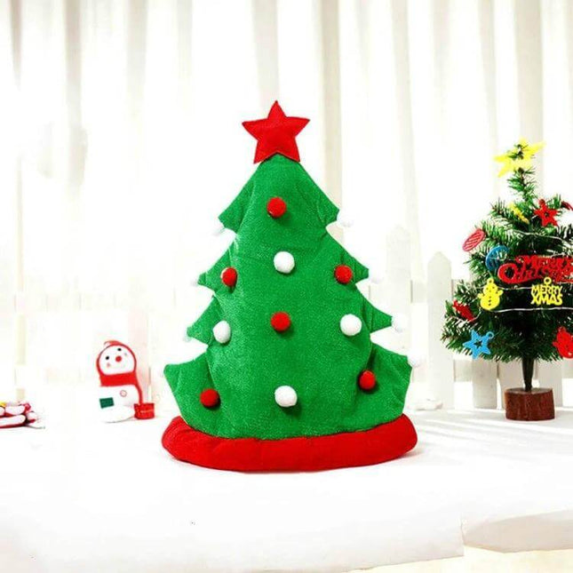 Christmas Tree Hat With Star Top For Festive Party Decor - green felt tree hat with red star and pom poms, one-size-fits-most party prop
