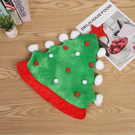 Christmas Tree Hat With Star Top For Festive Party Decor plush green tree hat with red trim, white pom-pom ornaments and star topper, one-size-fits-most