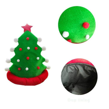 Christmas Tree Hat With Star Top For Festive Party Decor - green felt hat with red base, pom-pom ornaments and star topper, inner lining shown