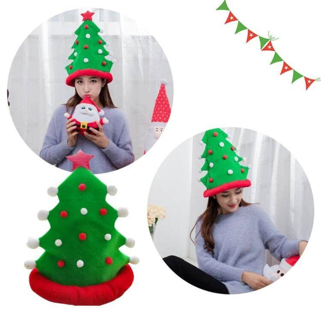 Christmas Tree Hat With Star Top For Festive Party Decor - green felt novelty hat with red base, pom-poms and star, one-size adults/kids