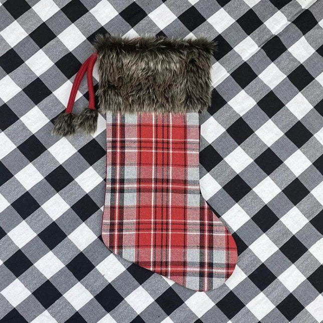 Christmas Tree Pendant For Decorations 47x20.5 cm - plaid fabric hanging ornament with faux fur cuff for home, store, hotel seasonal displays