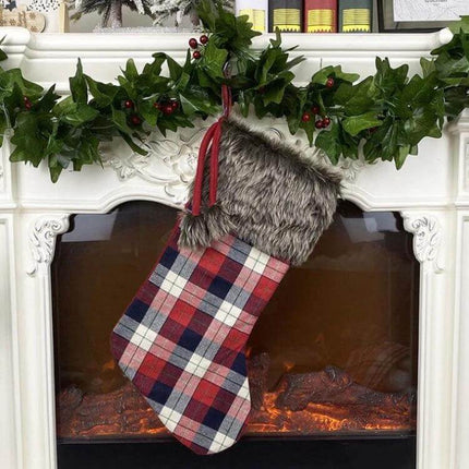Christmas Tree Pendant For Decorations 47x20.5 cm - plaid fabric stocking pendant with faux fur cuff hanging on mantel, lightweight holiday decor