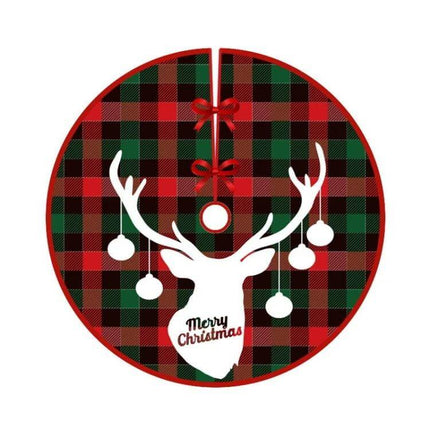Christmas Tree Skirt, 90cm Diameter, Brushed Cloth - red green plaid with reindeer silhouette and Merry Christmas print