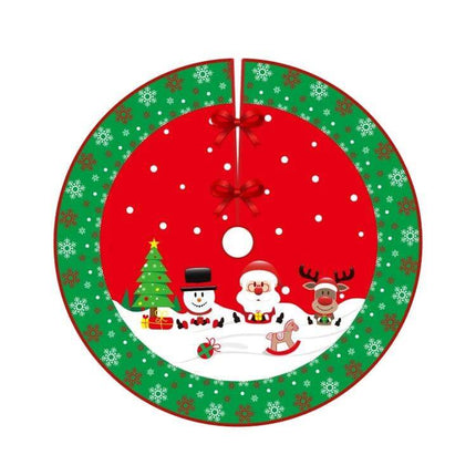 Christmas Tree Skirt, 90cm Diameter, Brushed Cloth with red center, green snowflake border and Santa snowman reindeer design