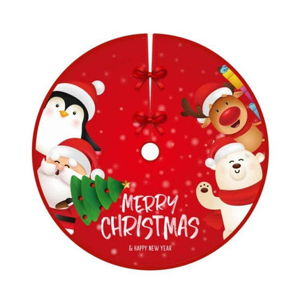 Christmas Tree Skirt, 90cm Diameter, Brushed Cloth - red digitally printed Merry Christmas design with Santa, penguin, reindeer, and polar bear