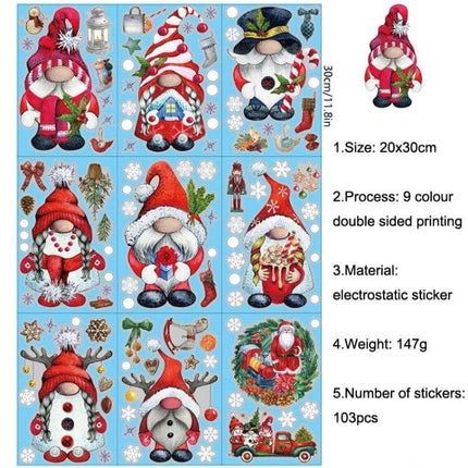 Christmas Window Cling Set With Santa, Snowman And Penguins - reusable electrostatic PVC gnome and holiday stickers for windows, doors, cars (103pcs, 20x30cm sheets)