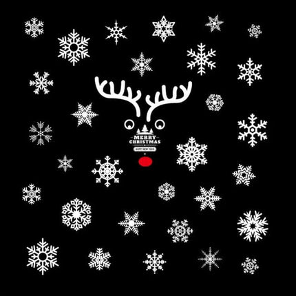 Christmas Window Stickers Santa Snowflake 45x60cm For Windows - white snowflake and reindeer PVC window decal set on black background