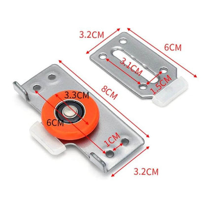 Closet Sliding Door Pulley Kit Silent For Cabinets Everyday Use orange nylon PA mute pulley with iron bracket, measurements shown for cabinet sliding door
