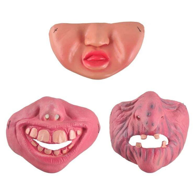 Clown Latex Half-Face Mask For Halloween One Size Fits All - three pink latex half-face clown masks showing lips, teeth, and textured noses