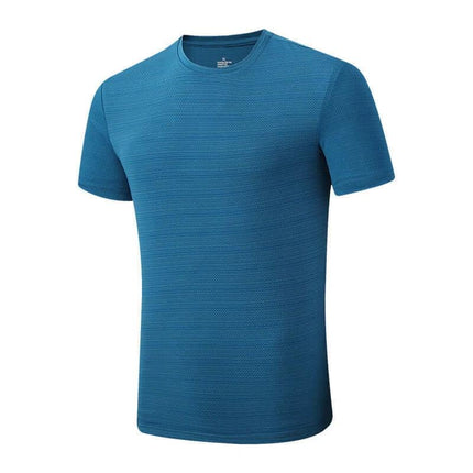 Mens Lightweight Short Sleeve Running Jacket For Summer thin blue polyester blend top with round collarless neckline and stripe texture