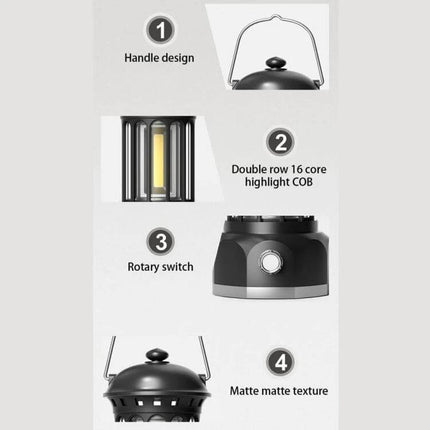 COB Battery Camping Lamp Small for Tents and Outdoors showing handle, double-row 16-core COB, rotary switch and matte texture