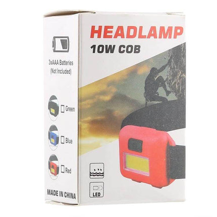 Cob Headlamp Headband Light Three Mode for Night Use - red 10W COB headlamp packaging showing headband, LED panel, battery info, camping use