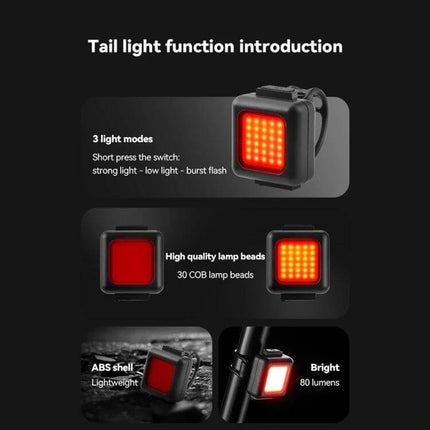 COB Lamp Beads Mini Mountain Bike Light Waterproof rear tail light showing 30 COB lamp beads, 3 light modes, ABS shell and handlebar mount, 80 lumens