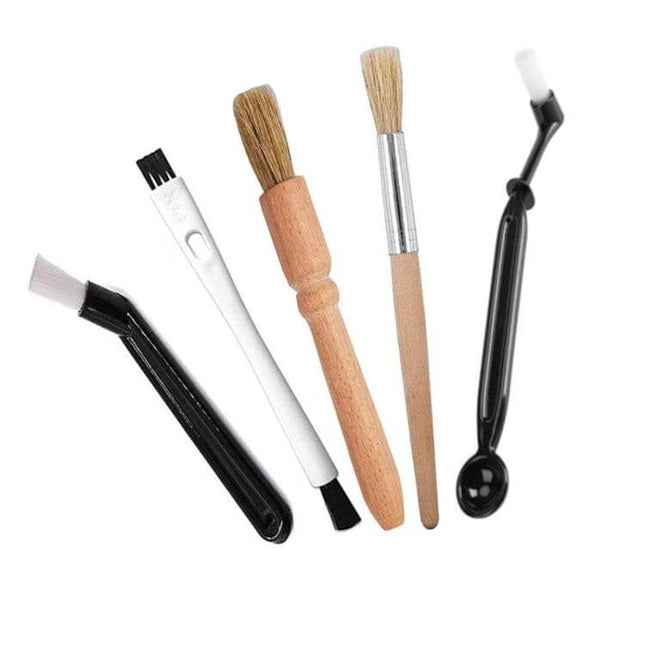 Coffee Machine Cleaning Set With Ergonomic Brush For Everyday Use showing five interchangeable brushes with ergonomic handles for cleaning ports, filters, and burrs