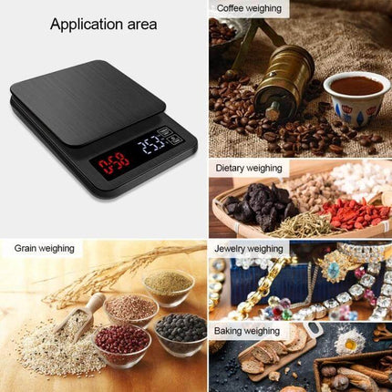 Coffee Scale With Timing For Everyday Kitchen Use – black LED digital scale showing timer and weight, pictured with coffee, grains, jewelry and baking ingredients