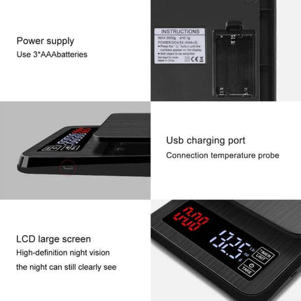 Coffee Scale With Timing For Everyday Kitchen Use showing LED display, USB charging port, battery compartment and large LCD for precise brewing