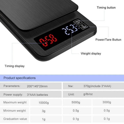 Coffee Scale With Timing For Everyday Kitchen Use - black digital coffee scale with LED weight and timer display, tare button, USB/AAA power options