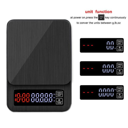 Coffee Scale With Timing For Everyday Kitchen Use - black digital coffee scale with LED display, timer, unit conversion and tare functions