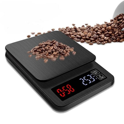 Coffee Scale With Timing For Everyday Kitchen Use, black digital coffee scale with LED display showing weight and timer, coffee beans on platform