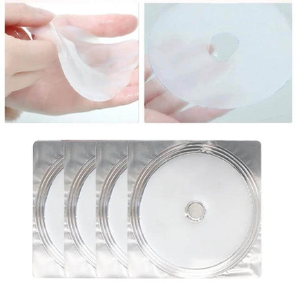Collagen Bust Firming Patch Breast Enhancement 4 Pack showing four clear round adhesive patches with central nub and sample being peeled