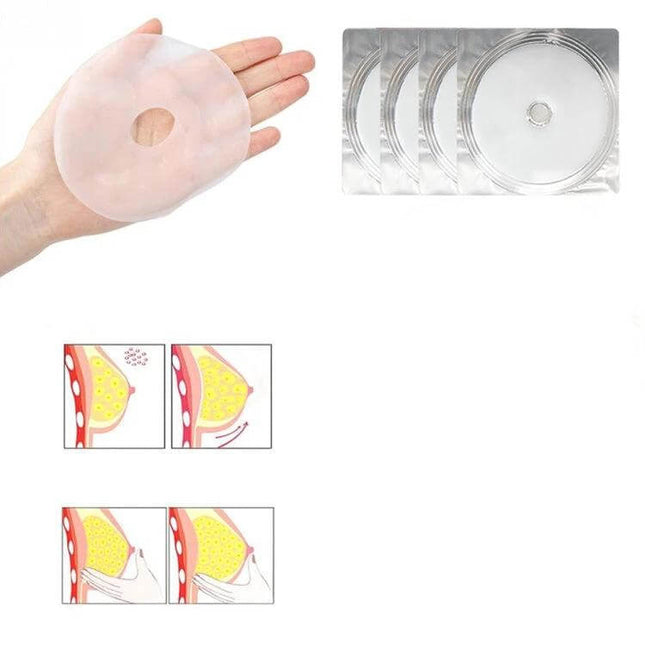 Collagen Bust Firming Patch Breast Enhancement 4 Pack shown with four circular patches, hand for scale and usage diagrams
