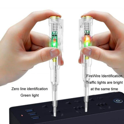 Color Light Detector Pen With High Brightness Sensor held showing green and red LEDs identifying neutral and live lines on a power strip