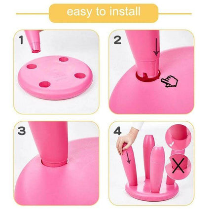 Colorful Children Stool For Home Use And Classroom Seating showing easy four-step pink plastic leg installation guide