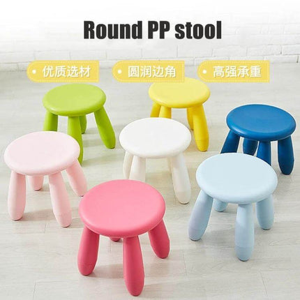 Colorful Children Stool For Home Use And Classroom Seating - six compact round PP plastic stools in pastel and bright colors, sturdy easy-clean kid seating