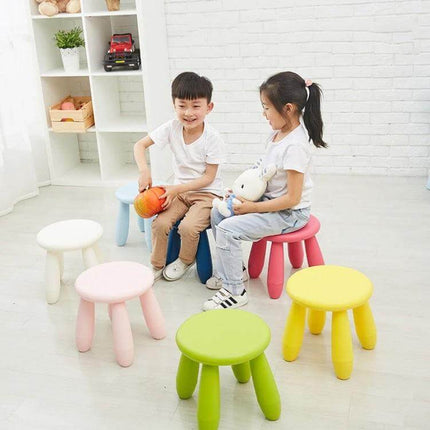 Colorful Children Stool For Home Use And Classroom Seating - kids sitting on bright plastic stools for crafts, meals, play and small-space seating