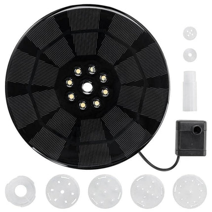Colorful Lamp Battery Solar Fountain for Ponds and Gardens - round solar panel with 8 LED color-changing fountain nozzles and pump kit