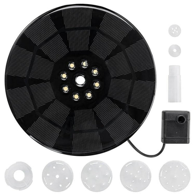Colorful Lamp Battery Solar Fountain for Ponds and Gardens - round solar panel with 8 LED color-changing fountain nozzles and pump kit