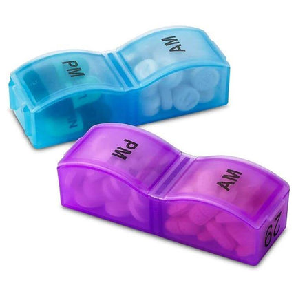Colorful Plastic 31-Compartment Pill Box For Daily Use - compact AM/PM detachable daily pill organizer in blue and purple