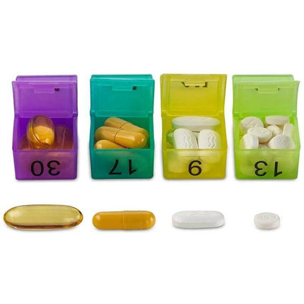 Colorful Plastic 31-Compartment Pill Box For Daily Use showing numbered detachable daily compartments with assorted pills